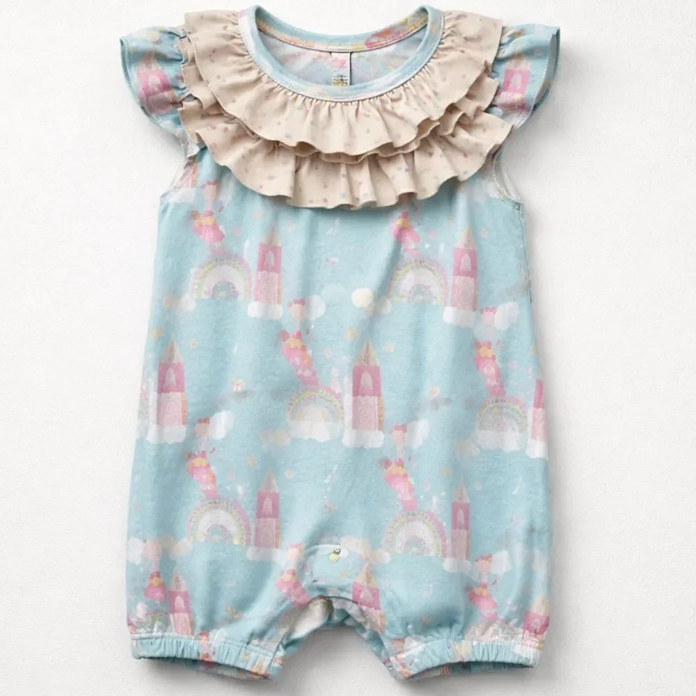 Pete and Lucy blue and pink Princess and castle ruffle neck bubble romper 12-18m